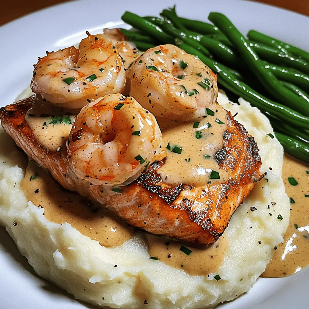 Cajun Shrimp and Salmon with Garlic Cream Sauce Mashed Potatoes and Green Beans ebwp2h