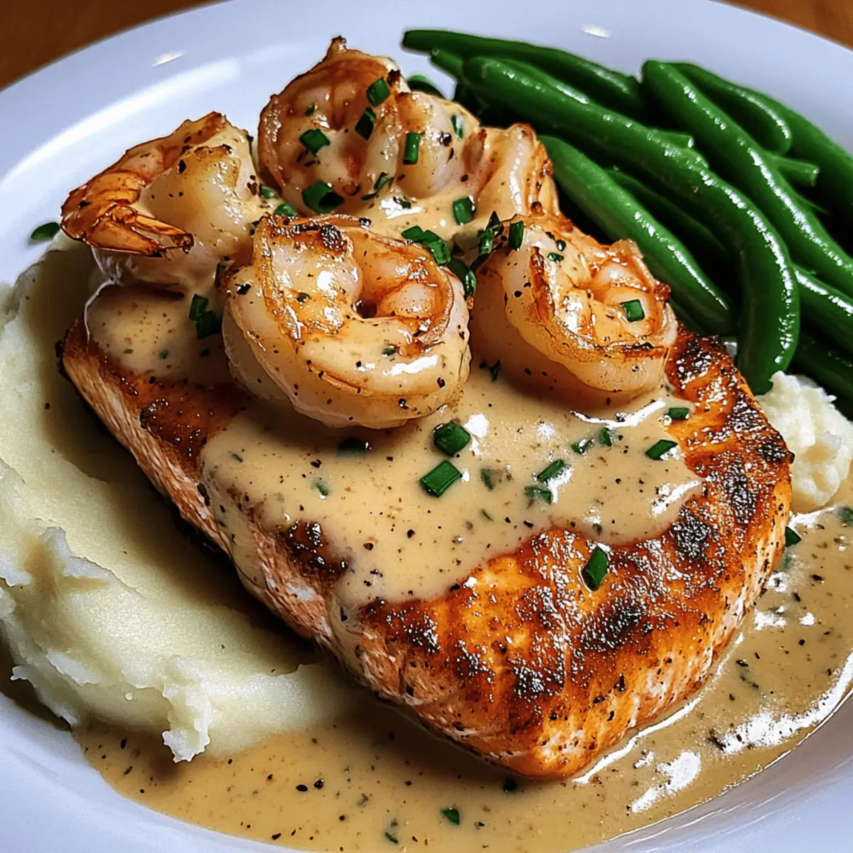 Cajun Shrimp and Salmon with Garlic Cream Sauce Mashed Potatoes and Green Beans gjlct1