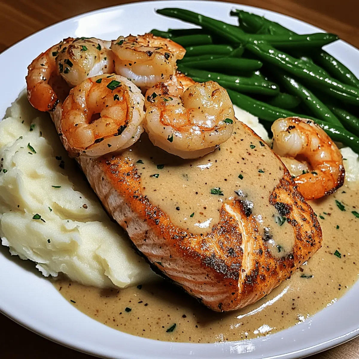 Cajun Shrimp and Salmon with Garlic Cream Sauce Mashed Potatoes and Green Beans t9kzhi