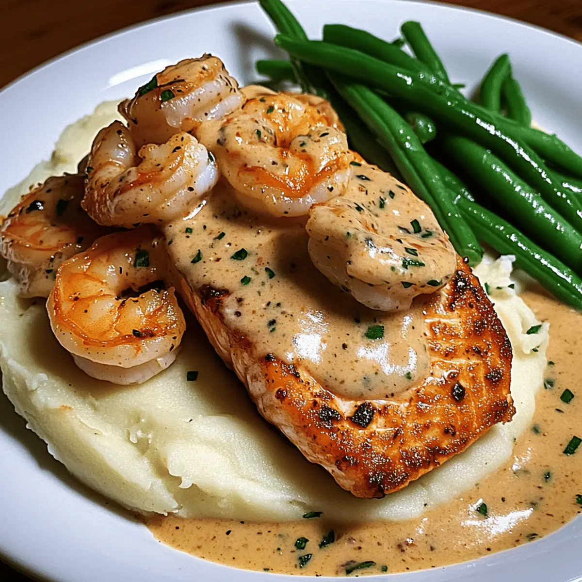 Cajun Shrimp and Salmon with Garlic Cream Sauce Mashed Potatoes and Green Beans zsrujs