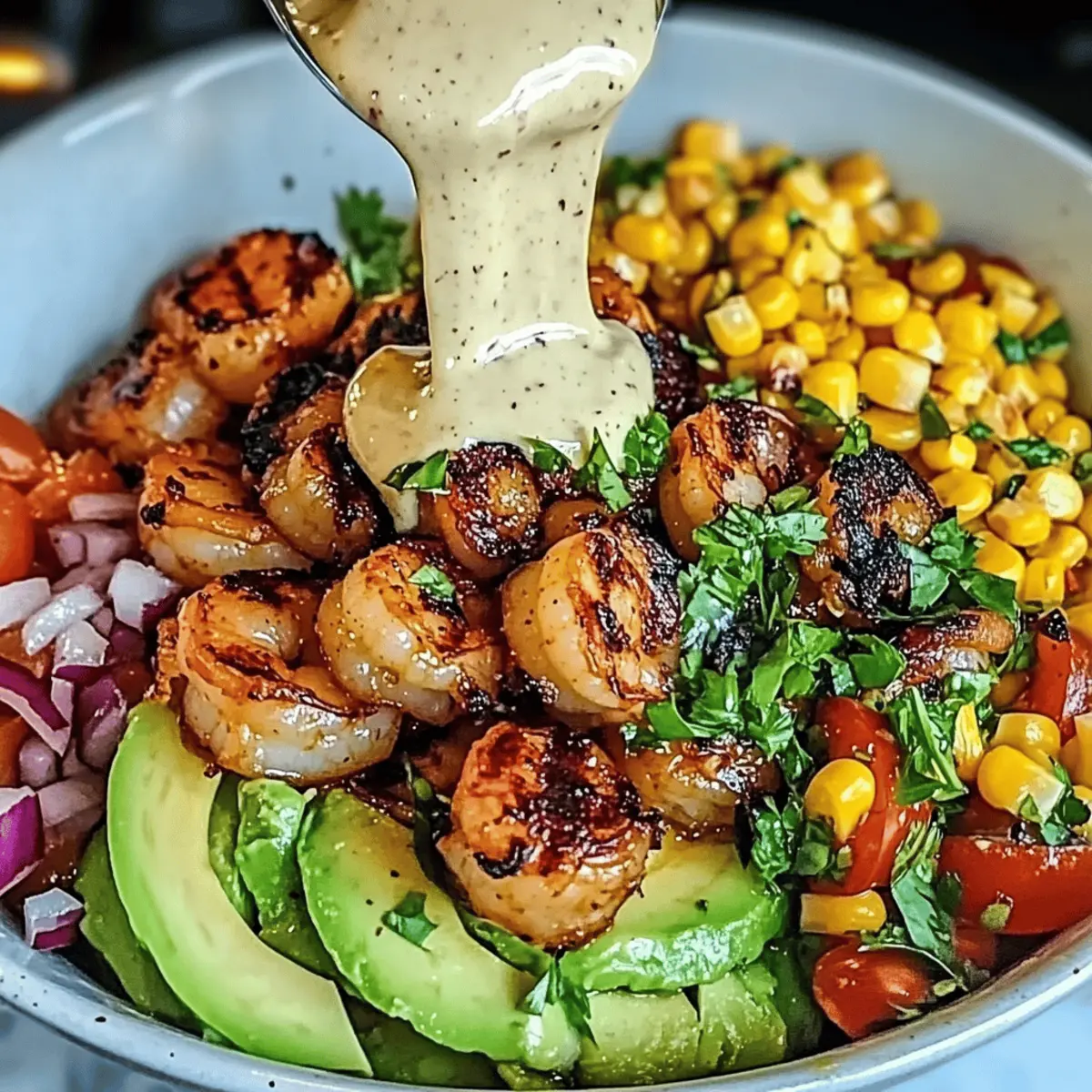 Grilled Shrimp Bowl with Avocado Corn Salsa Creamy Garlic Sauce afyzyr