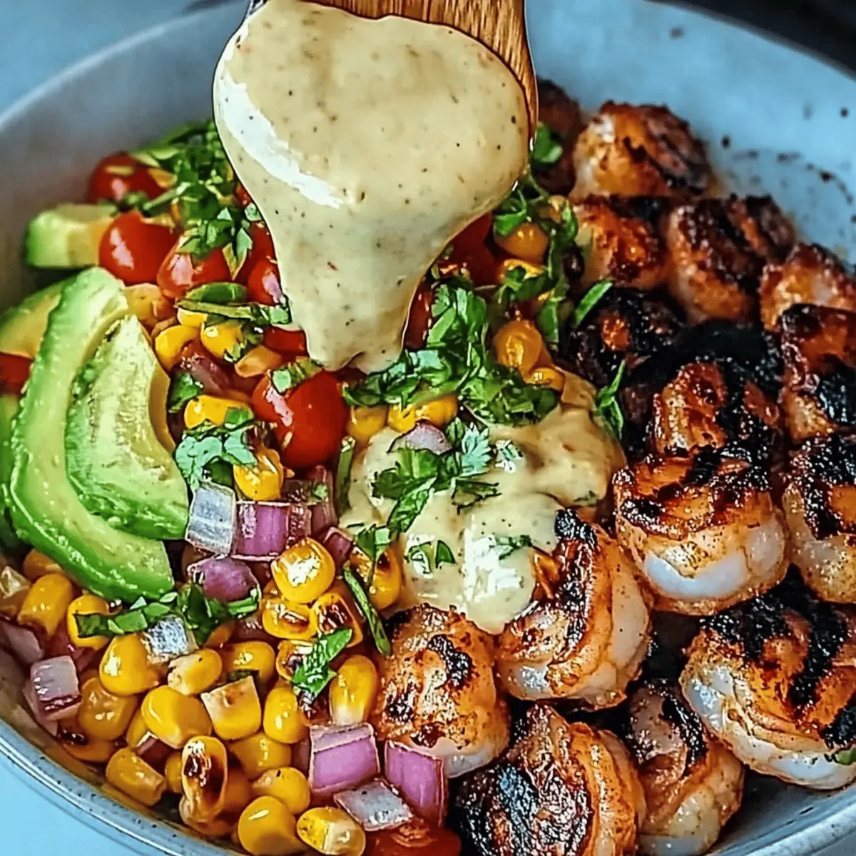 Grilled Shrimp Bowl with Avocado Corn Salsa Creamy Garlic Sauce uekyfe