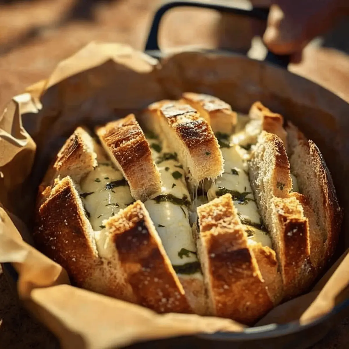 Dutch Oven Cheesy Pull Apart Garlic Bread